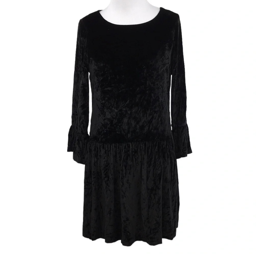Madewell Mini Dress Womens XS Black Crushed‎ Velvet Velour 3/4 Bell Sleeve